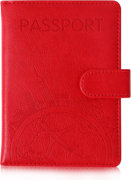 Passport Holder and Card Slot Combo RFID Blocking Leather Family Travel Passport Wallet Travel Accessories for Men Women US Passport Cover Protector (Travel red)