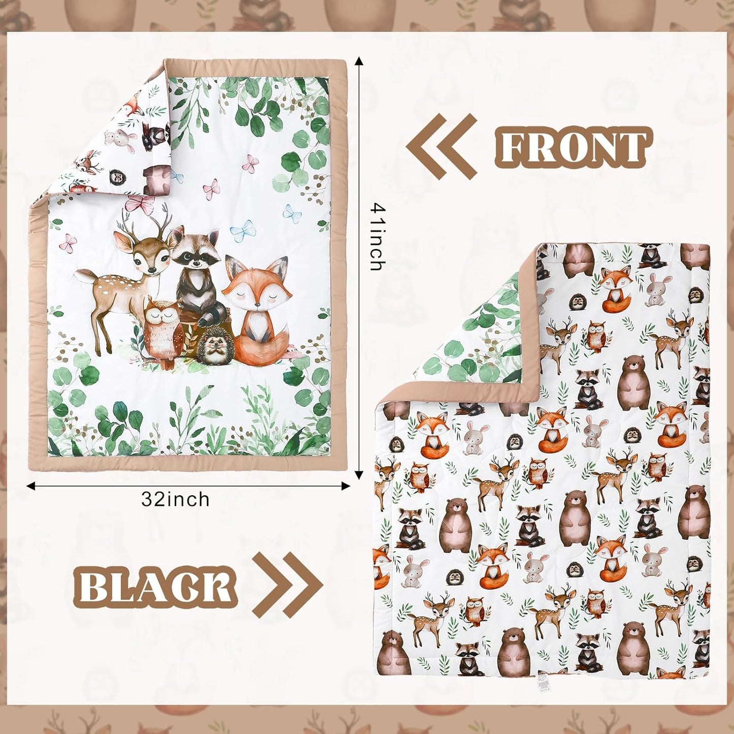 3 Pcs Baby Crib Bedding Set Safari Animals Dinosaurs Bear Woodland Animals Jungle Crib Set Includes Quilt, Fitted Sheet, Skirt for Baby Boy Girl(Green,Woodland Raccoons Deer Etc.)