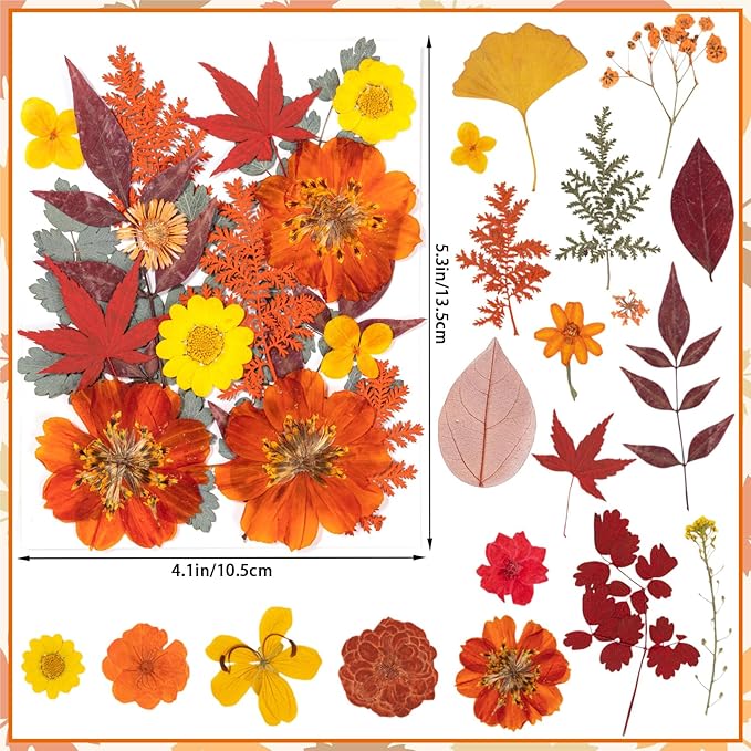 78 Pcs Fall Dried Pressed Flowers with Tweezer, Fall Themed Real Dried Flowers Leaves for DIY Crafts Resin Molds, Yellow Orange Dried Flowers for Autumn Halloween Thanksgiving Decorations