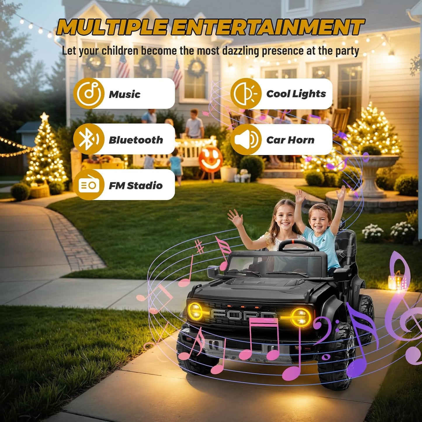 ENYOPRO 24V Licensed Ford Bronco Raptor Electric Car for Kids, 2 Seater Battery Operated Ride On Truck Toys with Remote Control, 4-Wheel Suspension, Bluetooth, Radio, LED Lights, 3 Speed - Black