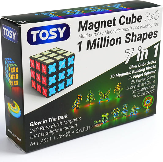 TOSY Magnet Cube 3x3 - 240 Magnets, 30 Blocks, 7in1 Toy: Puzzle Cube Game, Creative Building Blocks, Transformable Fidget Spinner, Infinity Cube, Magnet Tiles, UV Flashlight, Glowing STEM/STEAM Toy