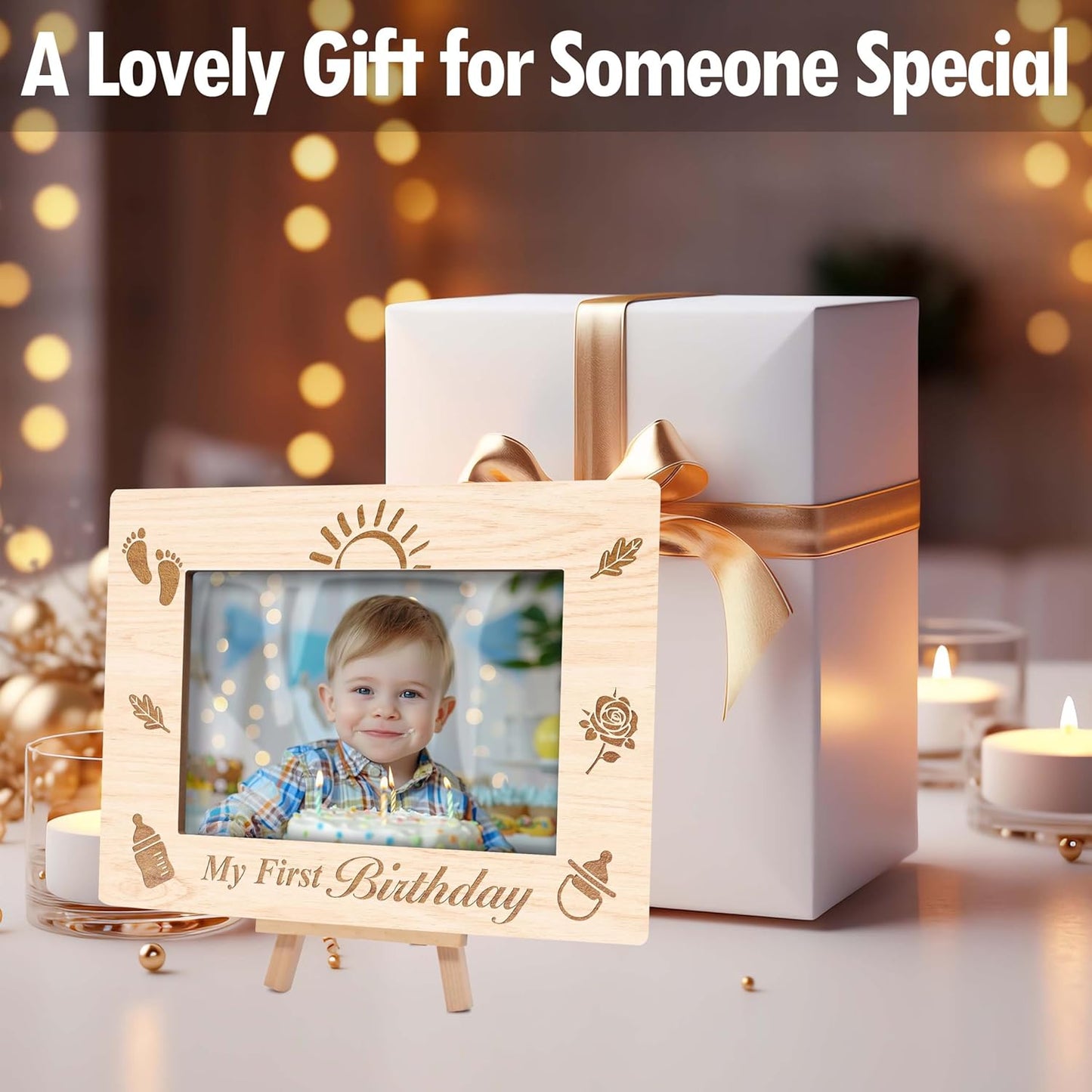 My 1st Birthday Picture Frames, Childhood Milestone Wooden 4x6 Photo Frame with Easel, Baby First Year Birthday Gifts for Home Office Tabletop Display - G08