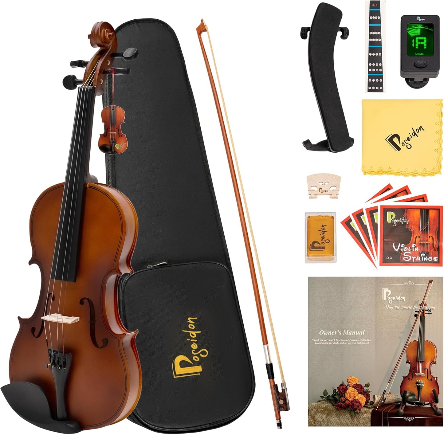 Poseidon 1/2 Violin Set Half Size Fiddle for Beginners with Hard Case, Bow, Rosin, Extra Violin Strings 1/2 Full Set, Digital Tuner, Shoulder Rest & Cleaning Cloth for Students, Children