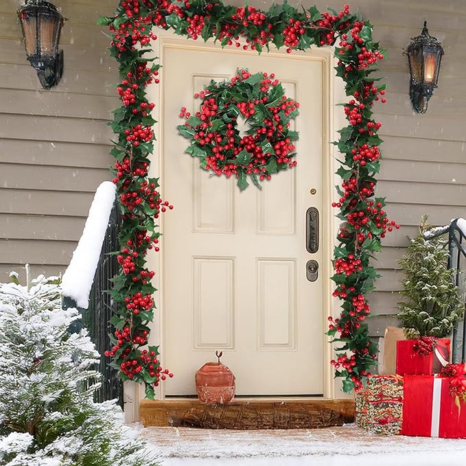 Uguisu 5.6ft Red Artificial Christmas Garland,Eucalyptus Green Garland with Berry Flower Clusters,Artificial Vines for Backdrops, Fireplaces,Dining Tables,Christmas Parties,Indoor and Outdoor Decor.