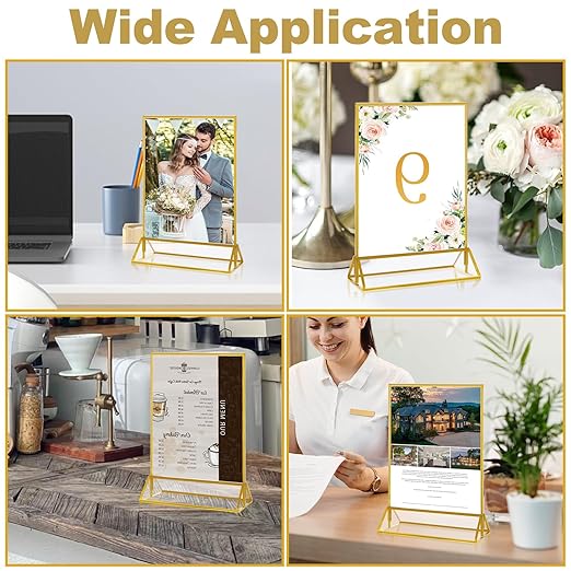 8PCS 5x7" Double-Sided Acrylic Sign Holders, Clear Gold Picture Frames, Table Number Holders with Golden Border for Wedding Reception, Centerpiece, Decoration, Party