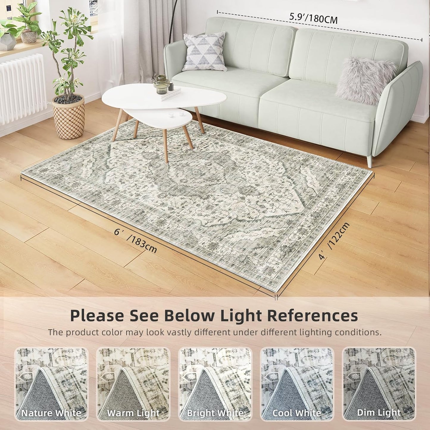 Area Rug 4x6 for Living Room - Vintage Machine Washable Soft Indoor Boho Rug for Bedroom Decor, Non-Slip Backing Farmhouse Cream/Grey