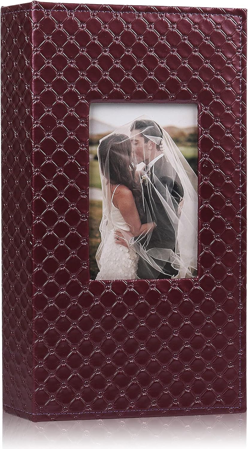 RECUTMS 4x6 Photo Book - Premium Leather Black Inner Page Album - 300 Pocket Family & Wedding Photo Album - Christmas & Birthday Gift (Wine Red)