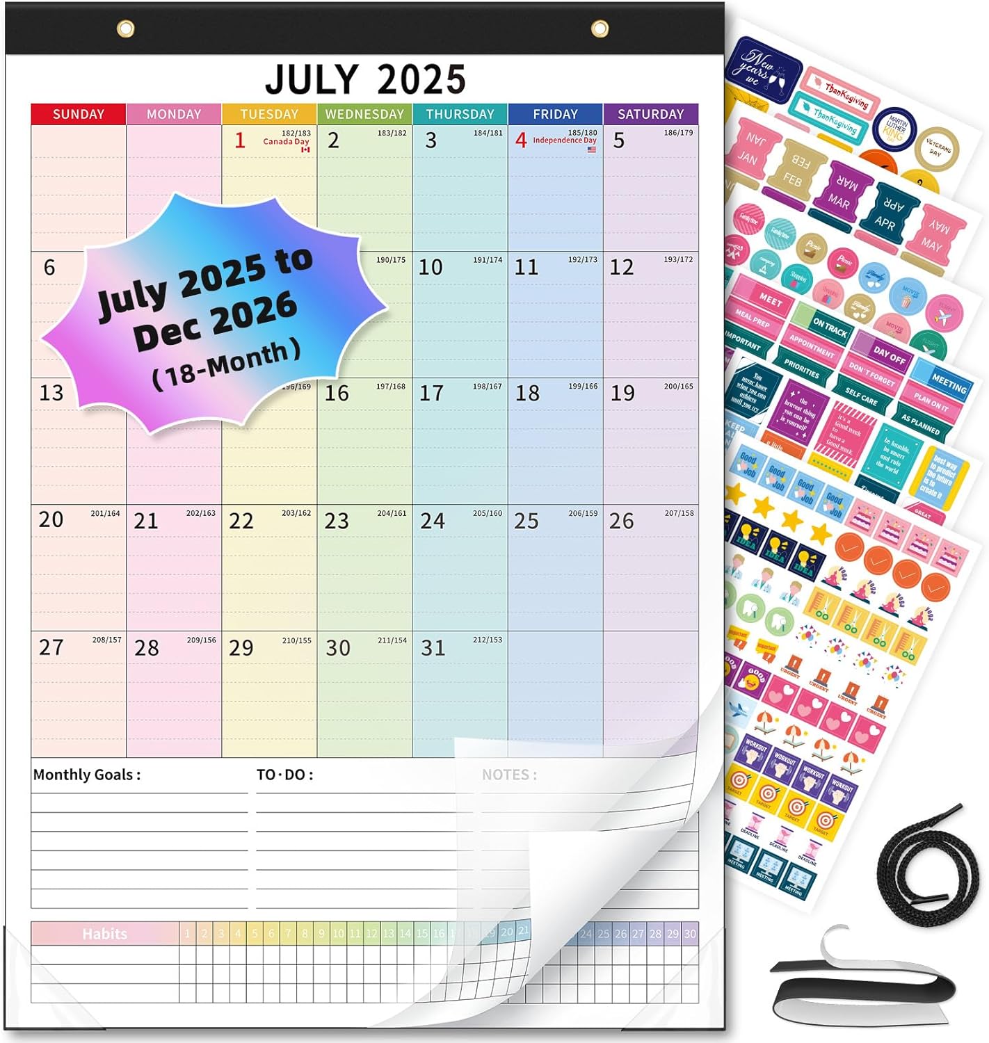 Ospelelf Wall Calendar 2025-2026 Magnetic Calendar for Refrigerator, 12'' x 17'' Desk Calendar 18 Month, Use July 2025 - Dec 2026, Multicolor