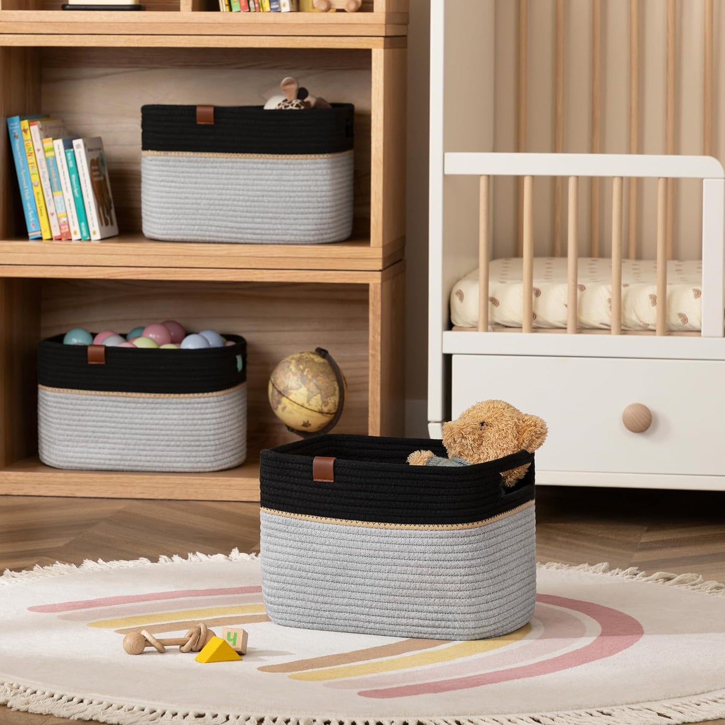 UBBCARE 2 Pack Baskets for Organizing, Woven Storage Baskets with Label for Toys and Towel, Rectangle Cotton Rope Basket with Handles, 15''L x10''W x9''H, Black&Grey