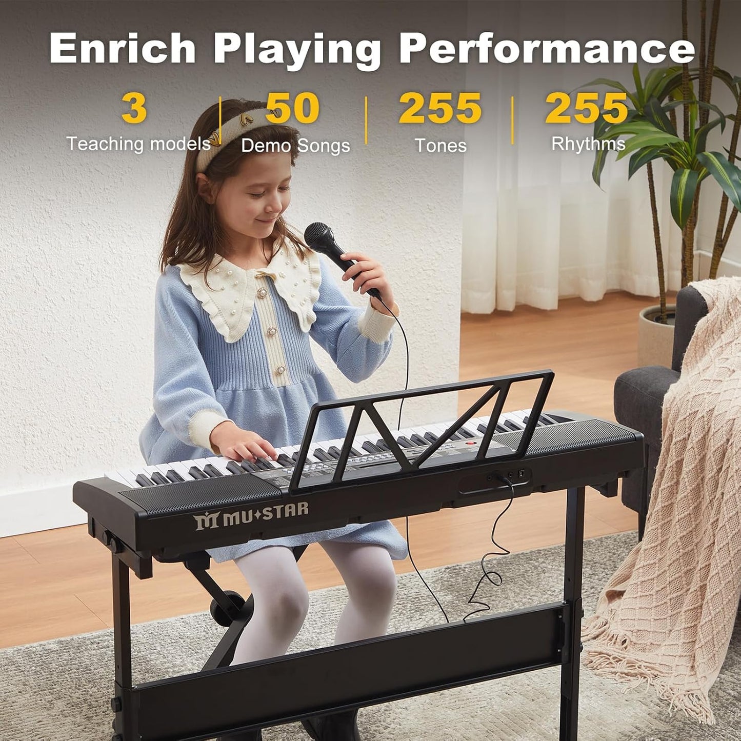 61 Key Piano Keyboard, Electric Keyboard Piano with Light-Up Keys, 255 Tones/Rhythms, Smart Learning System, Headphone, Microphone, Keyboard Stand, Stool, Stickers, Piano Keyboard Set for Beginners