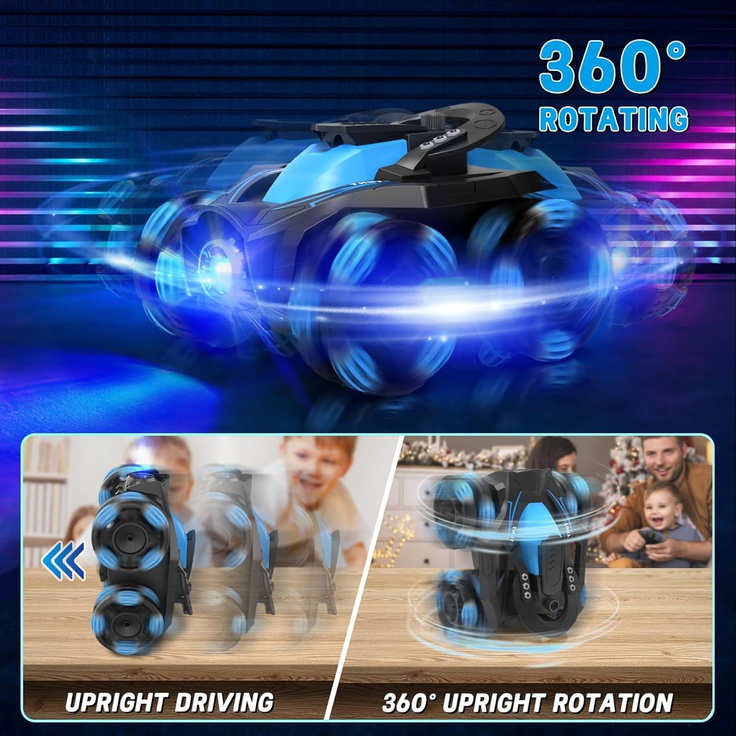 Eulogia RC Stunt Car for Boys 5-12, High Speed 360° Rotating, Drift 4WD Remote Control Car with Headlights, 2.4GHz Electric Rechargeable Race Stunt Toy Car for Boys Girls Birthday (Blue)