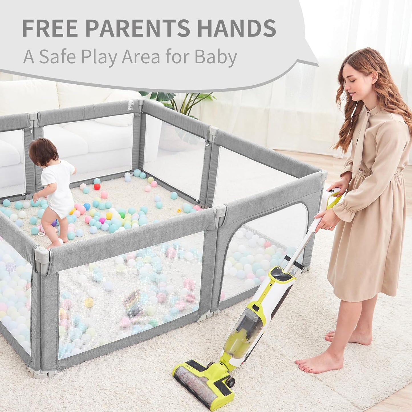 Foldable Baby Playpen, Shape & Size Adjustable Playpen for Toddler, 79x71 Large Play Pens Safety Mesh Foldable Playard for Babies, Portable Baby Fence Play Area Kids Play Pen, Grey