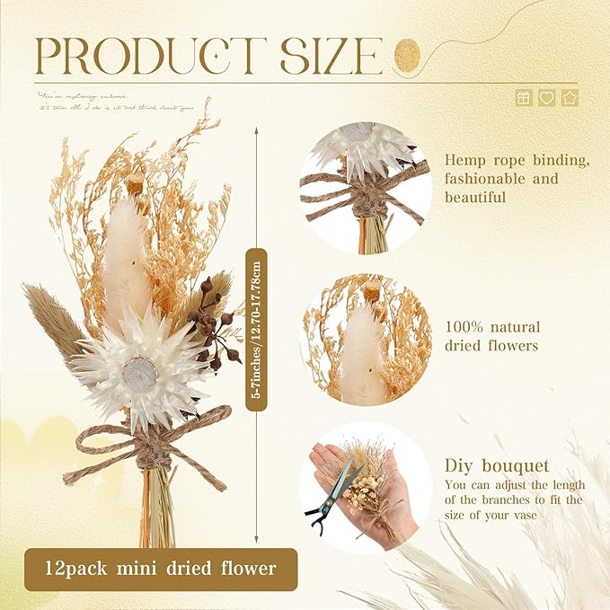 Layhit 12 Pack Boho Dried Flower Bouquet Mini Wedding Handmade Dry Flowers Decor for Vase Crafts DIY Photo Boutonniere for Men Floral Plant for Bridesmaid Gift Birthday Decor