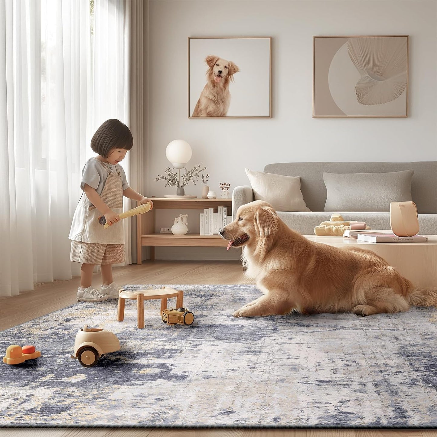 Washable Area Rugs 6ft Non-Slip Modern Abstract Soft for Living Room Entryway Bedroom Nursery, Print Pattern, Purple Grey Cream Yellow