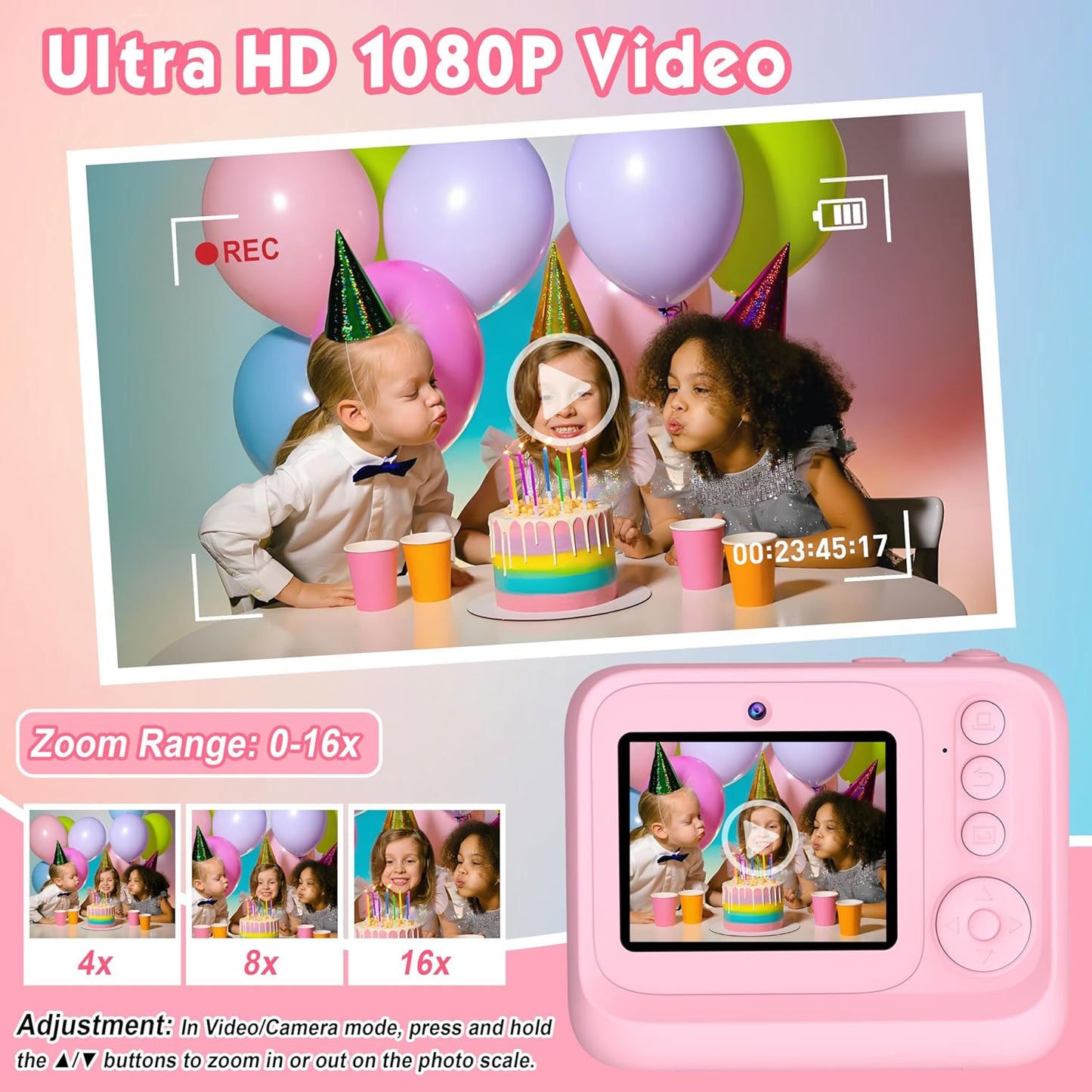 Kids Camera, Upgrade Kids Camera Instant Print, Front Rear Dual Selfie Digital CAM with 1080P Videos, Portable Travel Toy with Games and Music, Christmas Birthday Gift for Boys, Girls and Teens