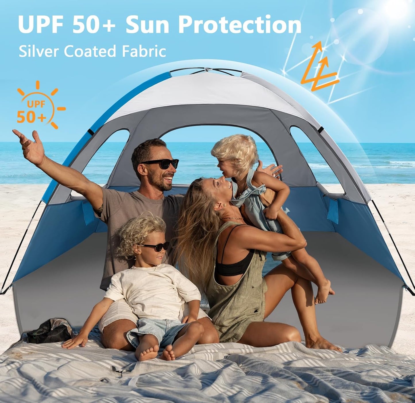 NXONE Beach Tent Sun Shade Shelter for 3/4/6 Person Person with UV Protection, Extended Floor, 3 Mesh Roll Up Windows & 8.0/8.5mm Fiberglass Rods丨Carry Bag Included