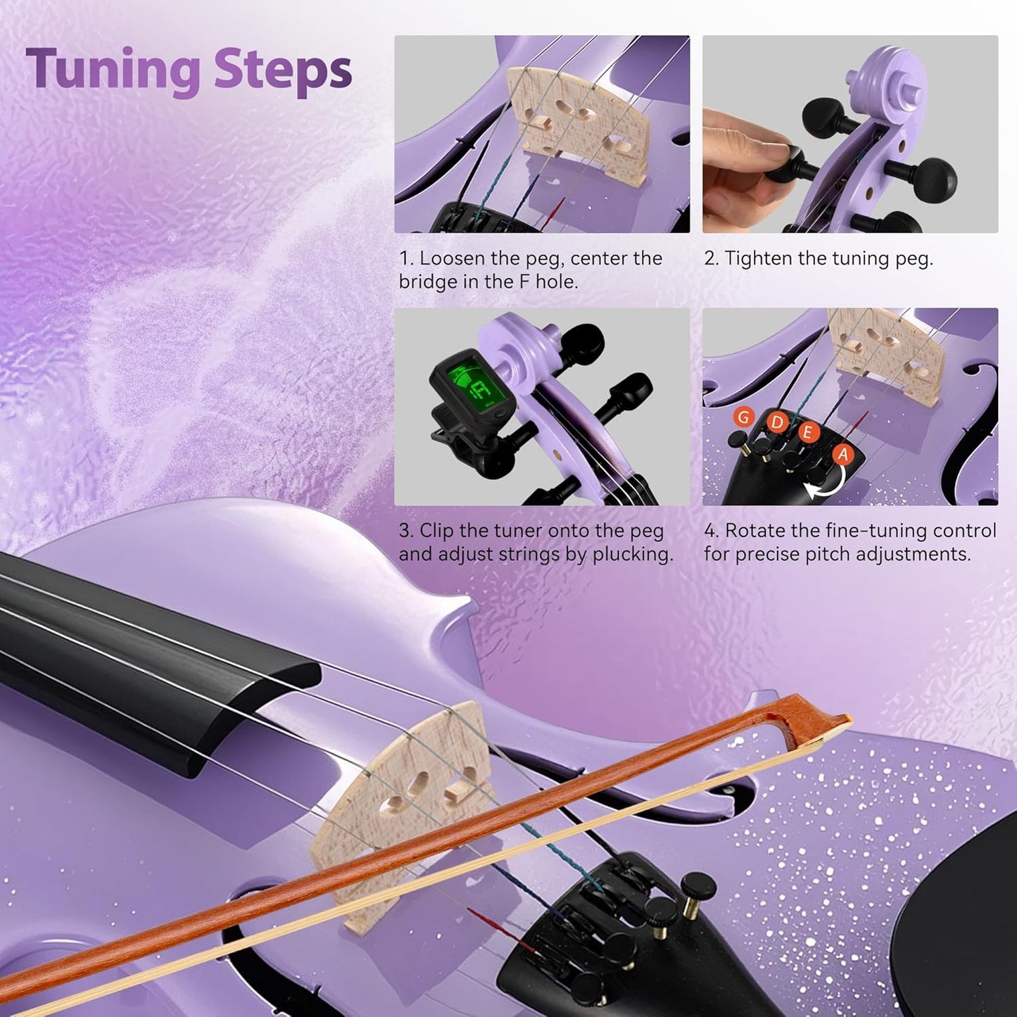 Poseidon Acoustic Violin for Beginner, Full Size Violin Set for Students with Hard Case, Extra 4/4 Strings Set, Violin Bow, Horse Bridge, Violin Rosin, Shoulder Rest, Clip-on Tuner, Manual - Purple