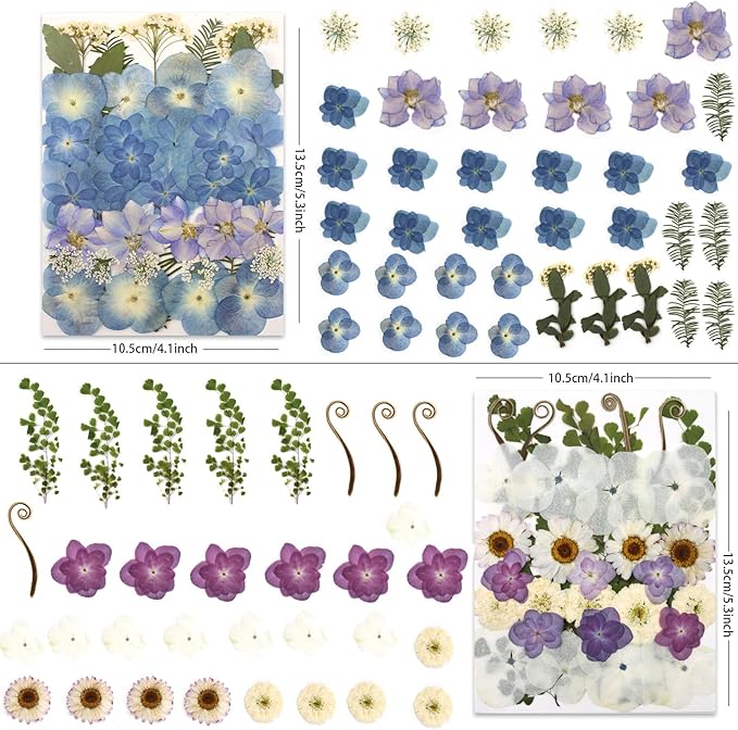 LUXEEASE 140 Pcs Dried Pressed Hydrangea Flowers for Crafts, Real Natural Blooms in Blue, Pink & White Tones with Foliage Accents, Perfect for Resin Art, DIY Jewelry & Home Decor – Tweezers Included