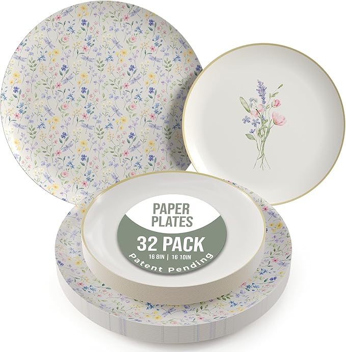 Trendables Heavy Duty Paper Plates Set For 16 Guests - 16 Each Of 8-inch And 10-inch Disposable Plates For Party - Fancy 32 Piece Dinnerware Set For All Occasions | Floral Design, Charm