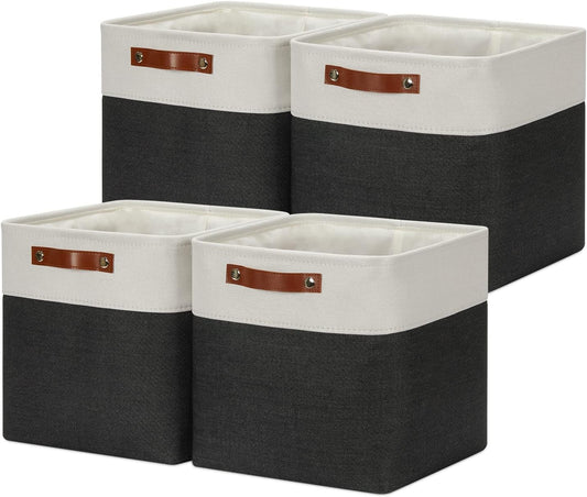 DULLEMELO Set Of 4 Cube Storage Bins, Fabric Storage Basket for Shelves Closet Nursery Toy Storage, 12 Inch Collapsible Fabric Bins for Toy Book Magazine Towel Organizers(4 Pack - 12" White&Black)