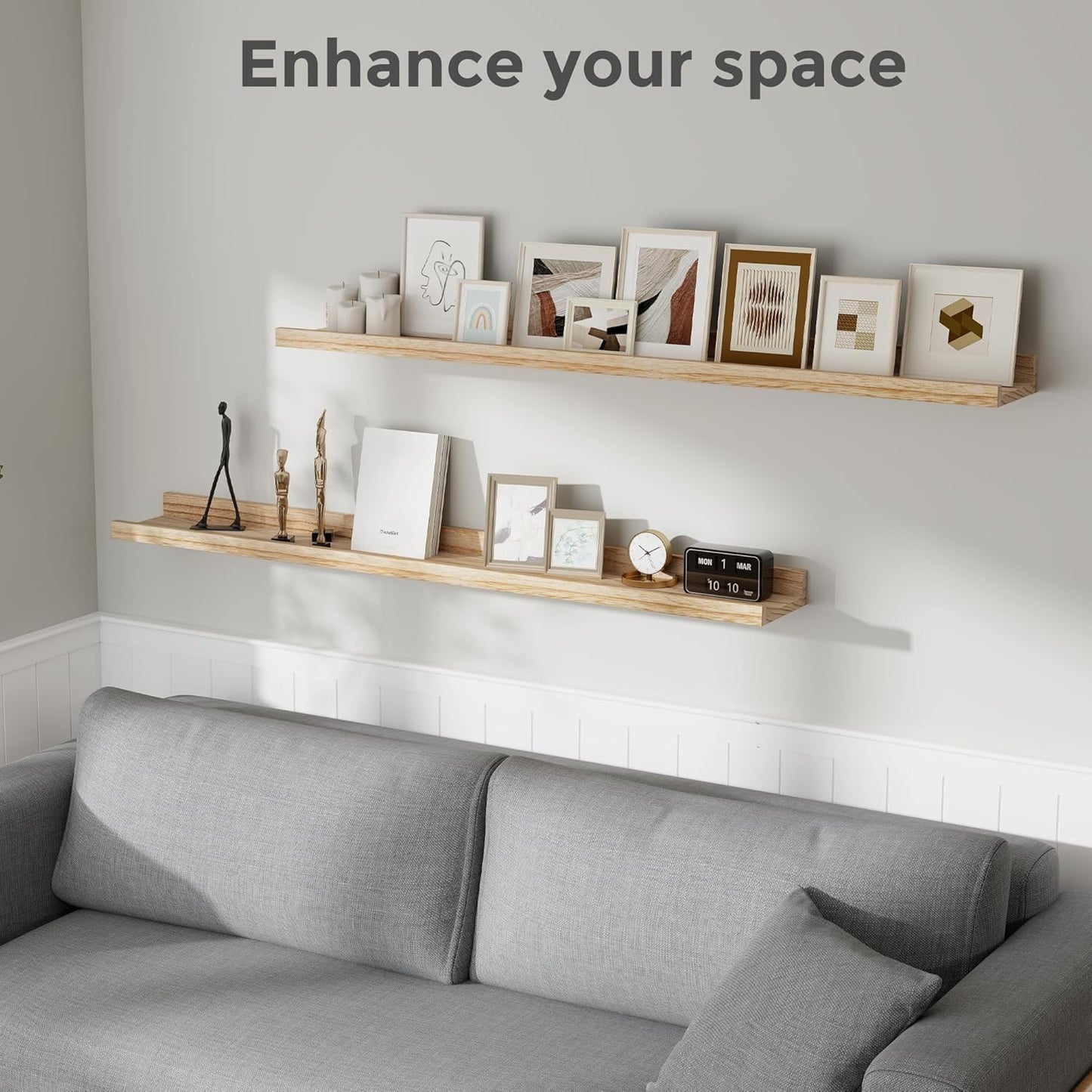 Fun Memories Floating Shelves 48 Inch Long, Rustic Wooden Picture Shelves with Ledge, Long Floating Shelf with Lip for Wall Set of 2, Photo Shelf Nursery Book Shelf for Kids Room, Living Room