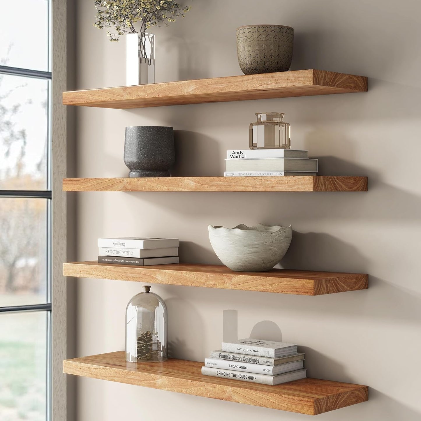 Rustic Elm Wood Floating Shelf for Wall, Flat Edge 48"W x 9.2"D x 1.4"H, 1 Pack with Invisible Bracket, Large Wall Mounted Storage Shelf for Living Room Bedroom Kitchen Bathroom Decor, Natural Finish