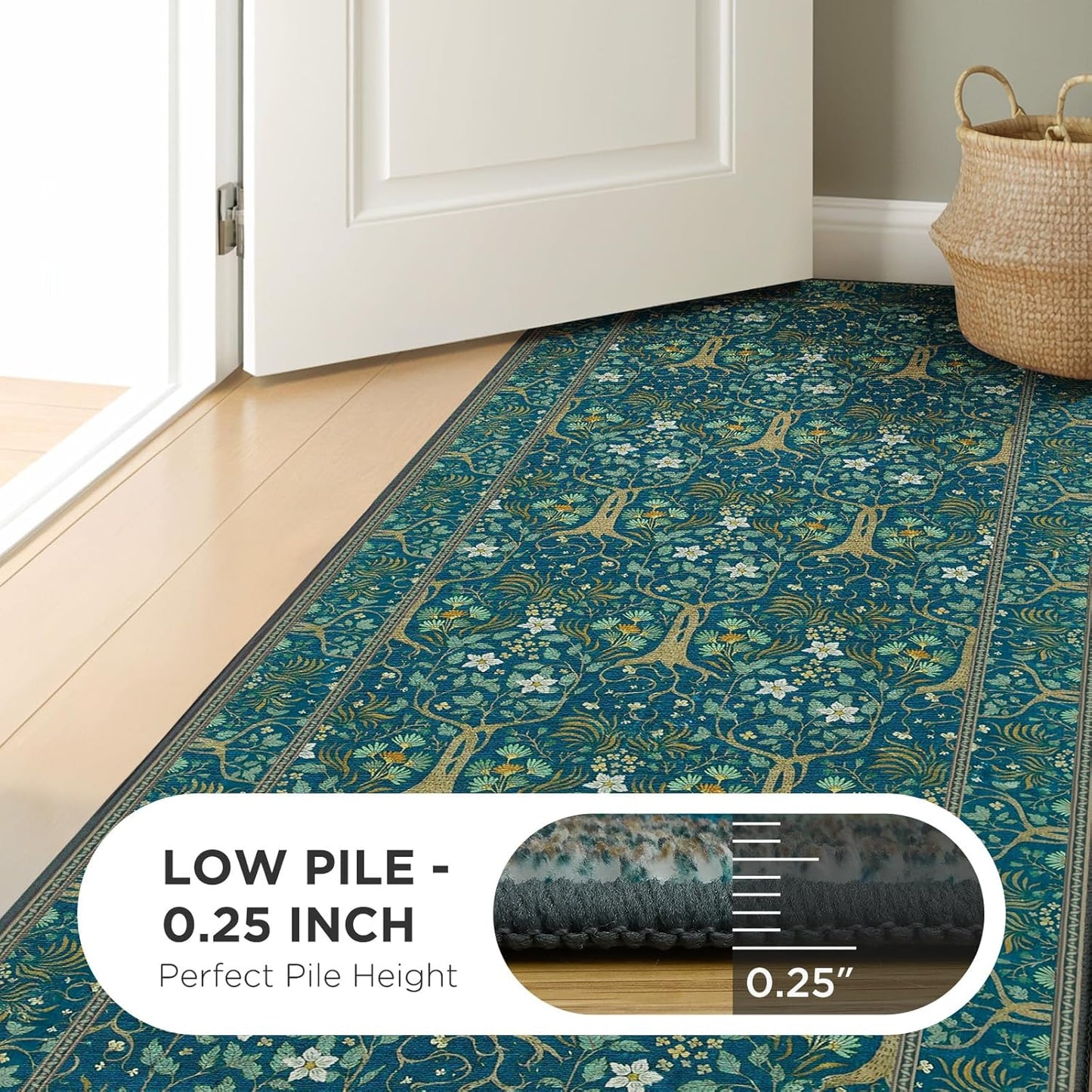 Joydeco Washable Large Area Rug 8x10, Boho Floral Rugs for Living Room Non Slip, Soft Low-Pile Botanical Forest Indoor Floor Throw Carpet for Dining Home Office Playroom, Dark Blue