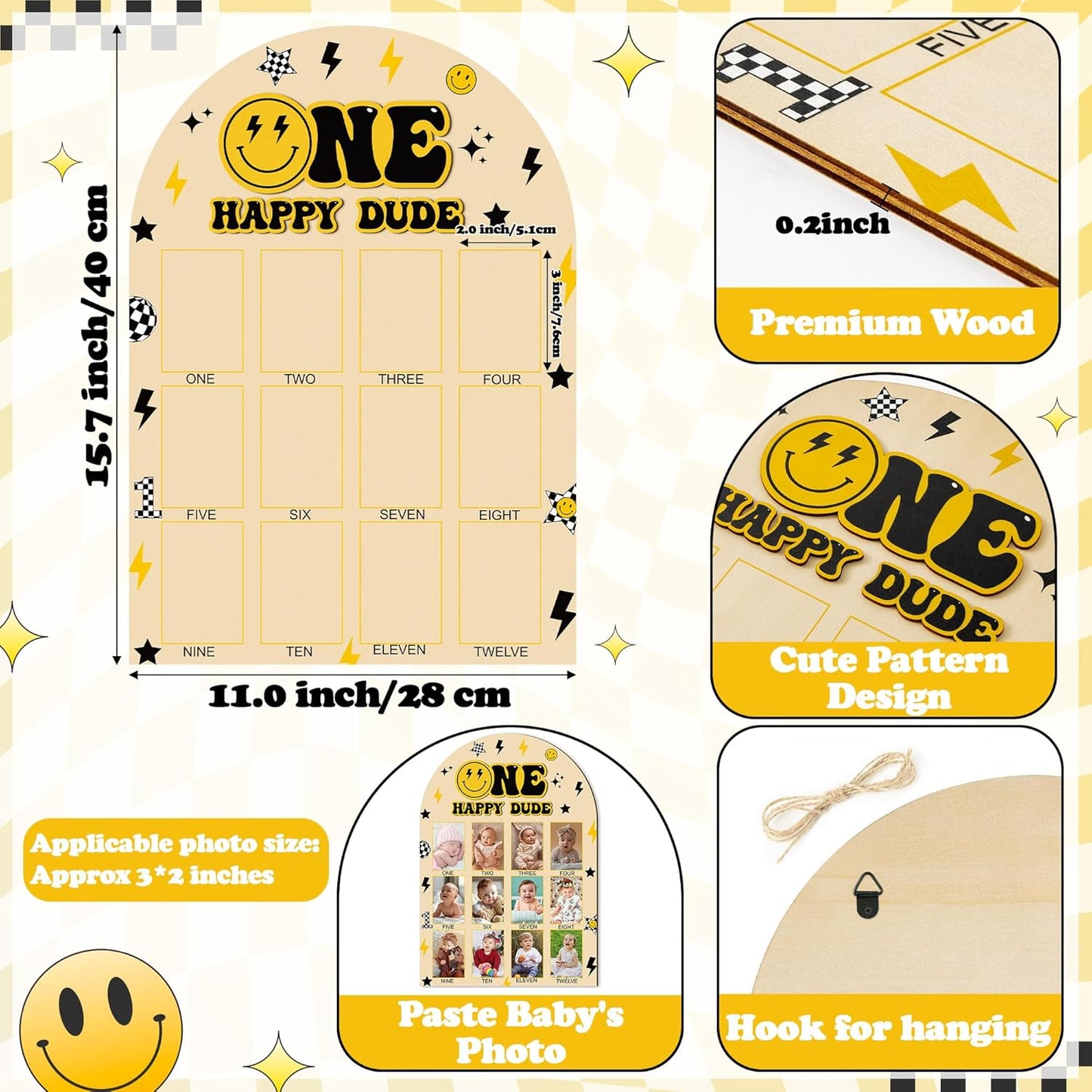 R HORSE My First Year Photo Frame Board, 3D One Happy Dude Birthday Decoration Display Wood Board, Baby Boy First Year Picture Frame 12 Months Milestone 1st Birthday Nursery Decor Gift