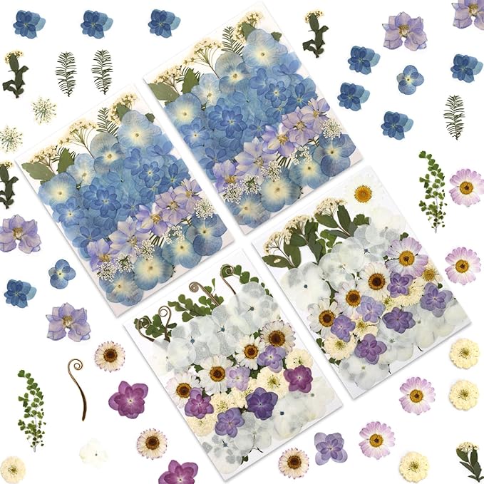 LUXEEASE 140 Pcs Dried Pressed Hydrangea Flowers for Crafts, Real Natural Blooms in Blue, Pink & White Tones with Foliage Accents, Perfect for Resin Art, DIY Jewelry & Home Decor – Tweezers Included