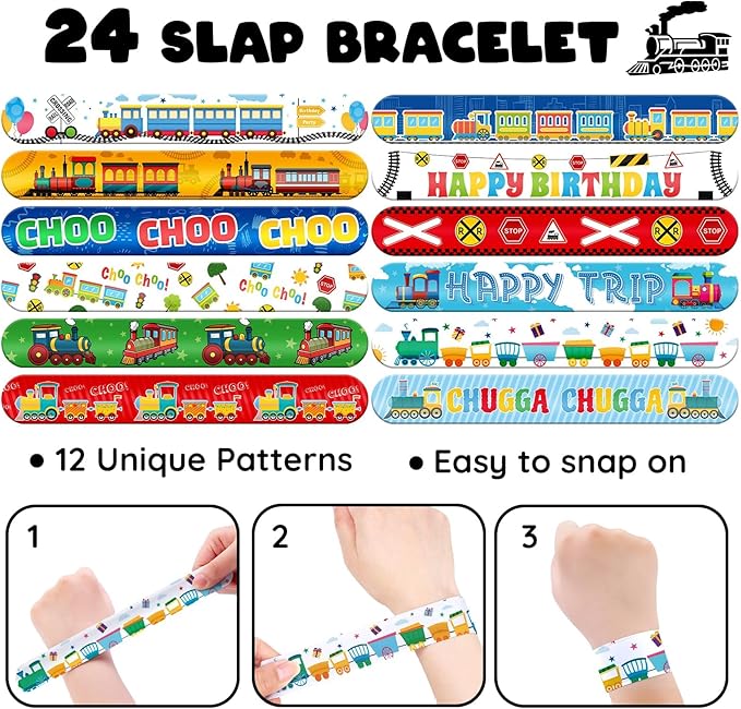 60 PCS Train Party Favors Set - 36 Temporary Tattoos Sticker & 24 Slap Bracelets for Kids, Perfect for Birthday Parties, Classroom Rewards and Gifts