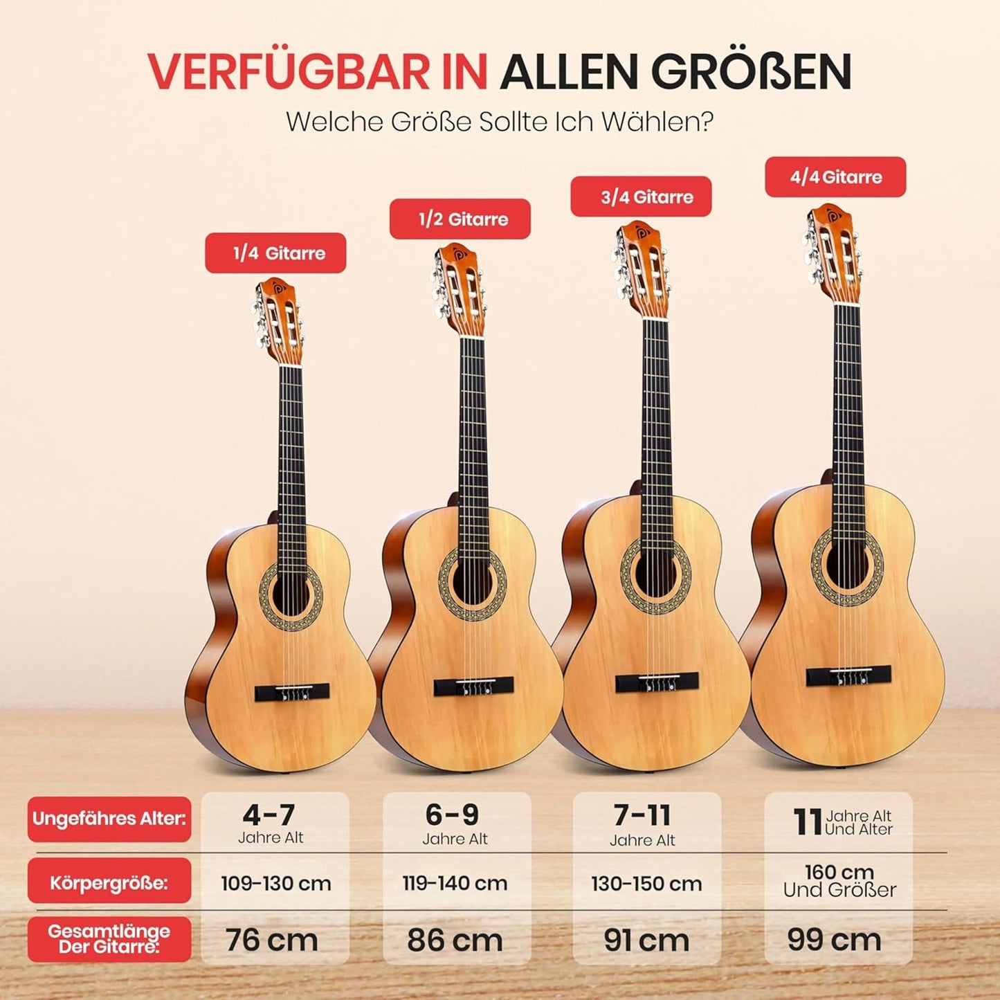 Pyle Beginner 6 String Acoustic Guitar Kit, 1/4 Junior Size Classical Instrument for Students, 30", Right, 1 Natural, Gloss, (PGACLS30)