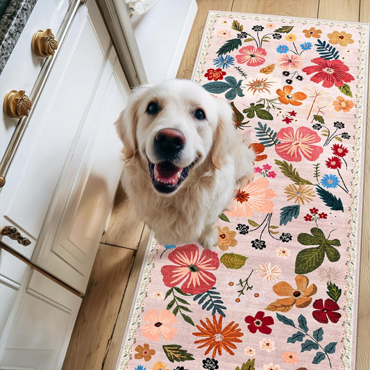 2x6 Runner Rugs for Hallways Non Slip with Rubber Backing Stain Resistant Area Rug Washable Beige Boho Floral Ultra-Thin Carpet Rugs Indoor for Entryway Kitchen Bedroom Laundry Bathroom Stairwell