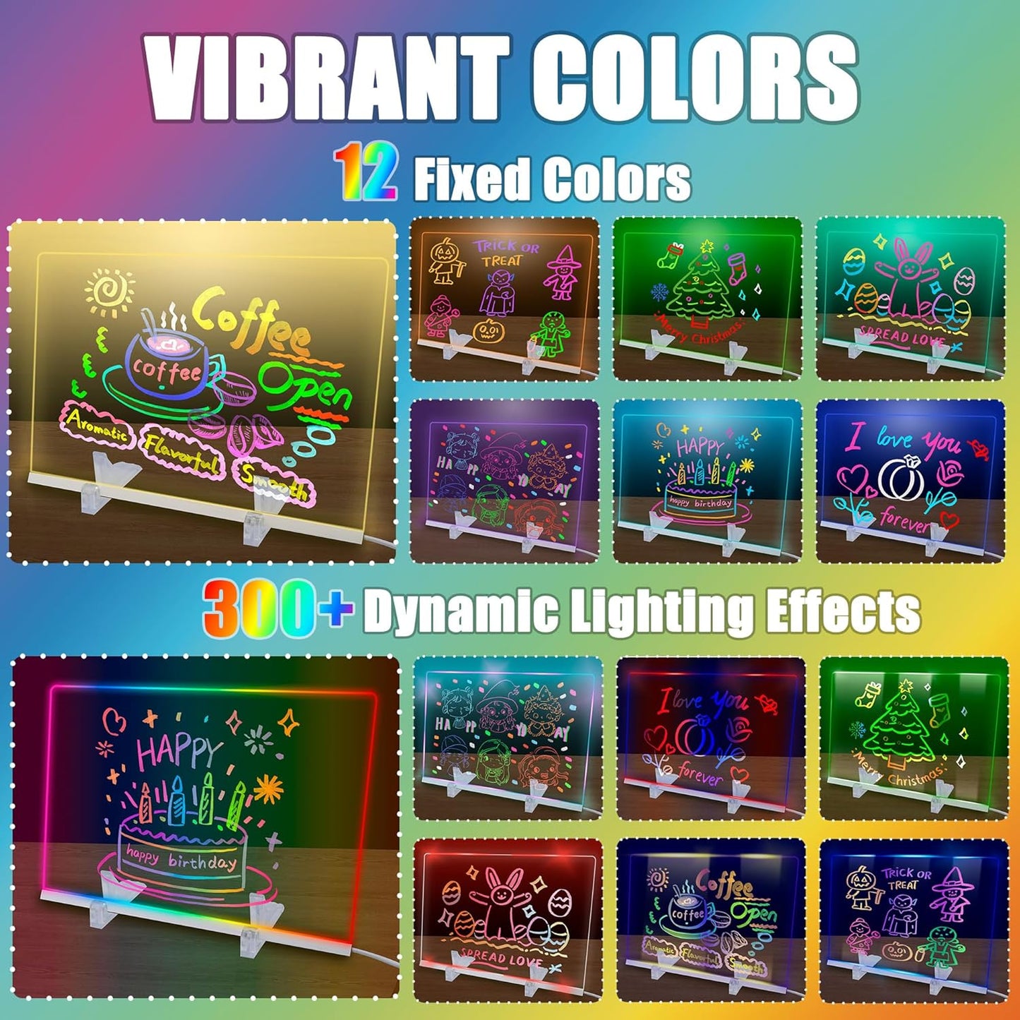 LED Note Board with Colors, Glass Led Drawing Board with 12 Colors & 320 Dynamic Effects, Light Up Drawing Board with 12 Pens, Cleaning Cloth & Gloves, 11.81’’X7.87’’