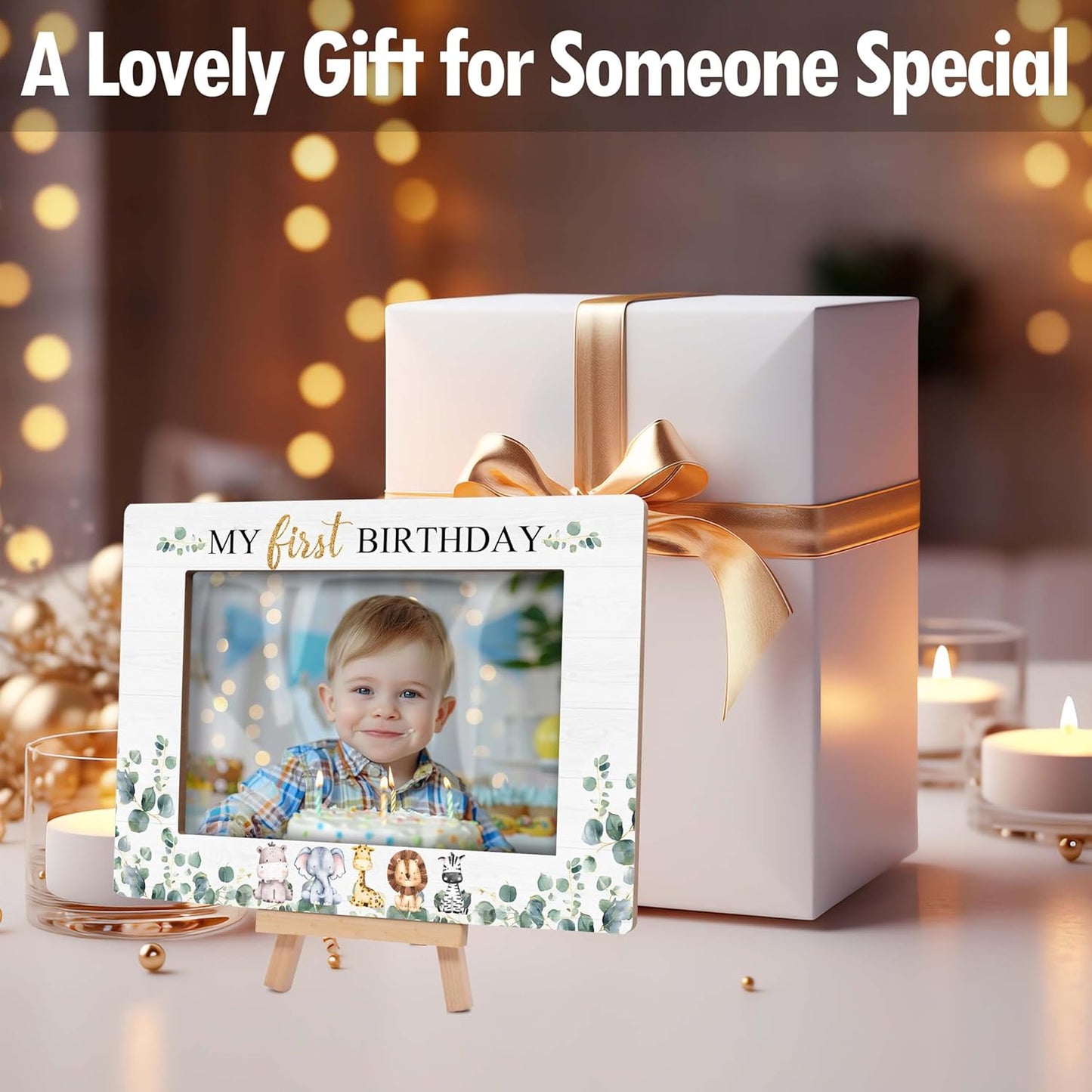 My 1st Birthday Picture Frames, Safari Animal Wooden 4x6 Photo Frame with Easel, Baby Wild One Birthday Gifts for Home Office Tabletop Display Decorations - G03