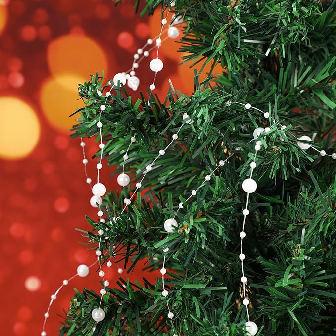 JULBEAR Beads Garland Decoration,1Rolls 131Feet White Christmas Pearl Strands Chain Bead Garland for Christmas Tree Fireplace Wreath Gift Bouquet Crafts Wrapping Wedding Party Centerpieces Decoration