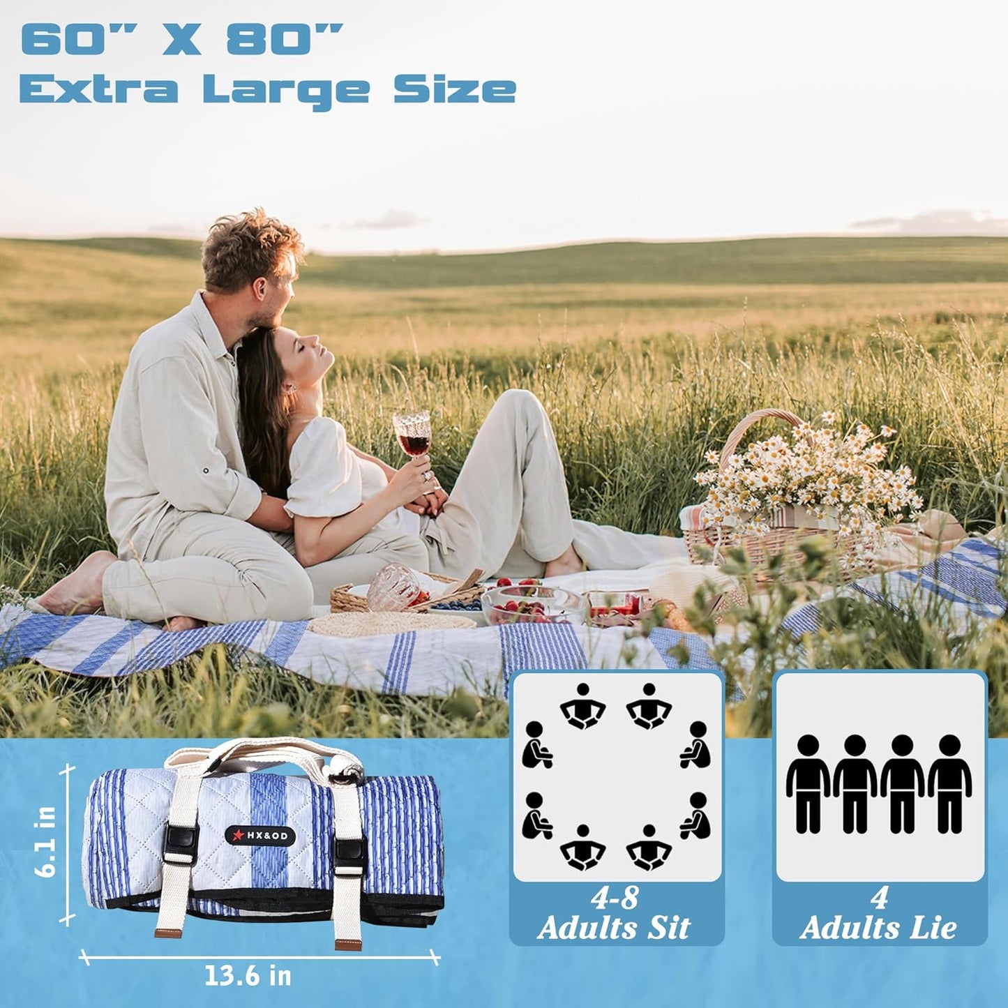 Waterproof Picnic Mat, Outdoor Camping Oversized Field Blanket. Portable Thickened Camping Blanket, Suitable for Beach, Camping, Music Festival, Party, Outdoor Adventure. (Blue & White, 80”x60”)