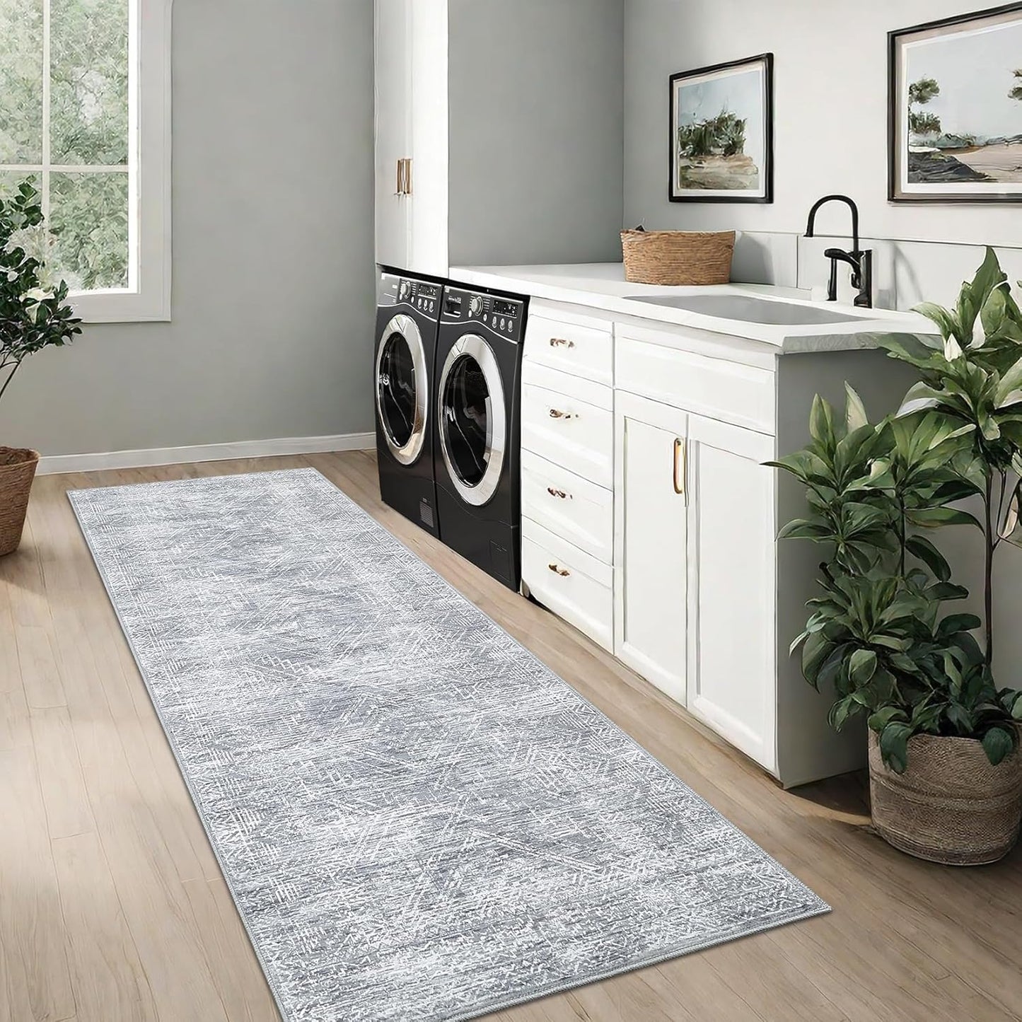COZYLOOM 2x8 Runner Rug for Living Room, Kitchen Modern Washable Distressed Accent Carpet with Non-Slip Backing, Ultra-Soft Contemporary Geometric Floor Mat, Bedroom, Grey