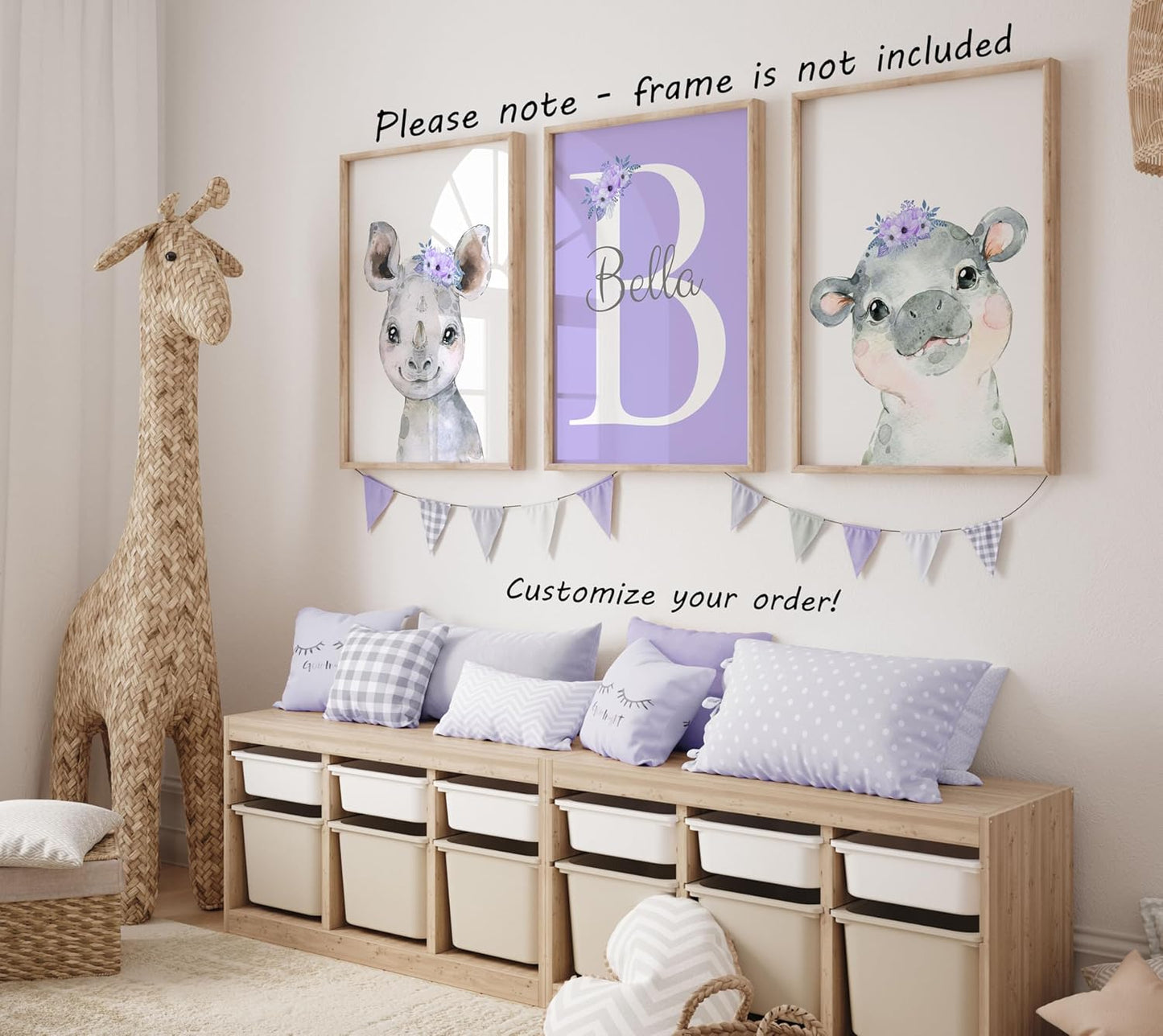 Personalized Safari Animals for Baby Girls Nursery, Set of 3 Unframed Poster Prints, Personalized Name Pink Lilac Floral, Girls Bedroom Decor, Elephant Giraffe (17x22)