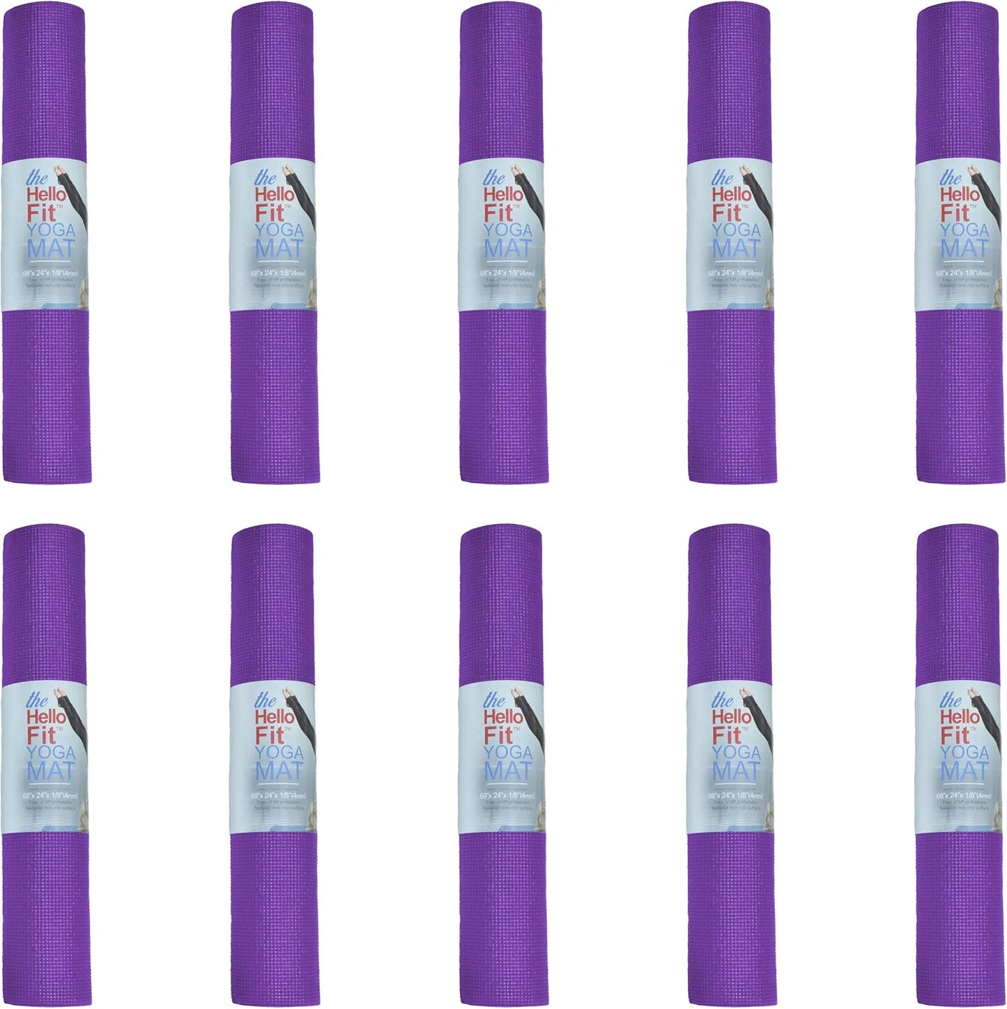Hello Fit 10-Pack Yoga Mat, 68" x 24" Non Slip Exercise Mat, 4mm Thick Gym Mat for Fitness and Stretching, Bulk Non Toxic Yoga Mats for Schools and Studios