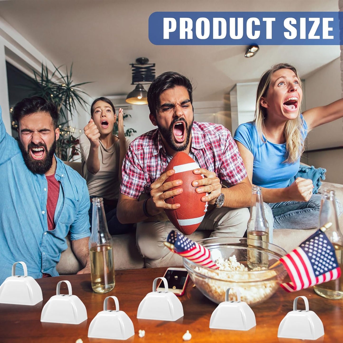 6 Pcs 3 Inch Metal Cowbells Noise Maker Hand Percussion Cow Bells with Handles for Sporting Events Cheering Noisemakers Weddings Team Spirit Sports Party Favors (White)