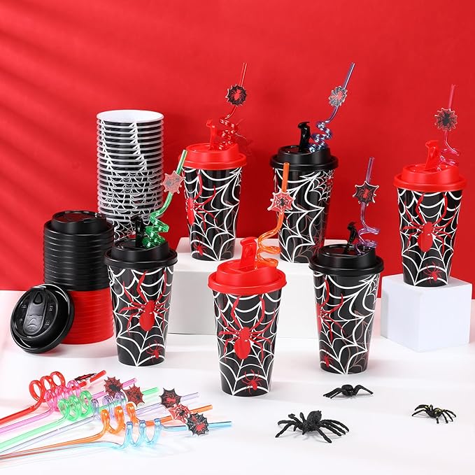 Yungyan 16 Sets Spider Party Favors Goodie Cups with Lids and Straws for Halloween Party Decorations Reusable 16oz Plastic Candy Cups Plastic Straws for Birthday Gift (Spider)