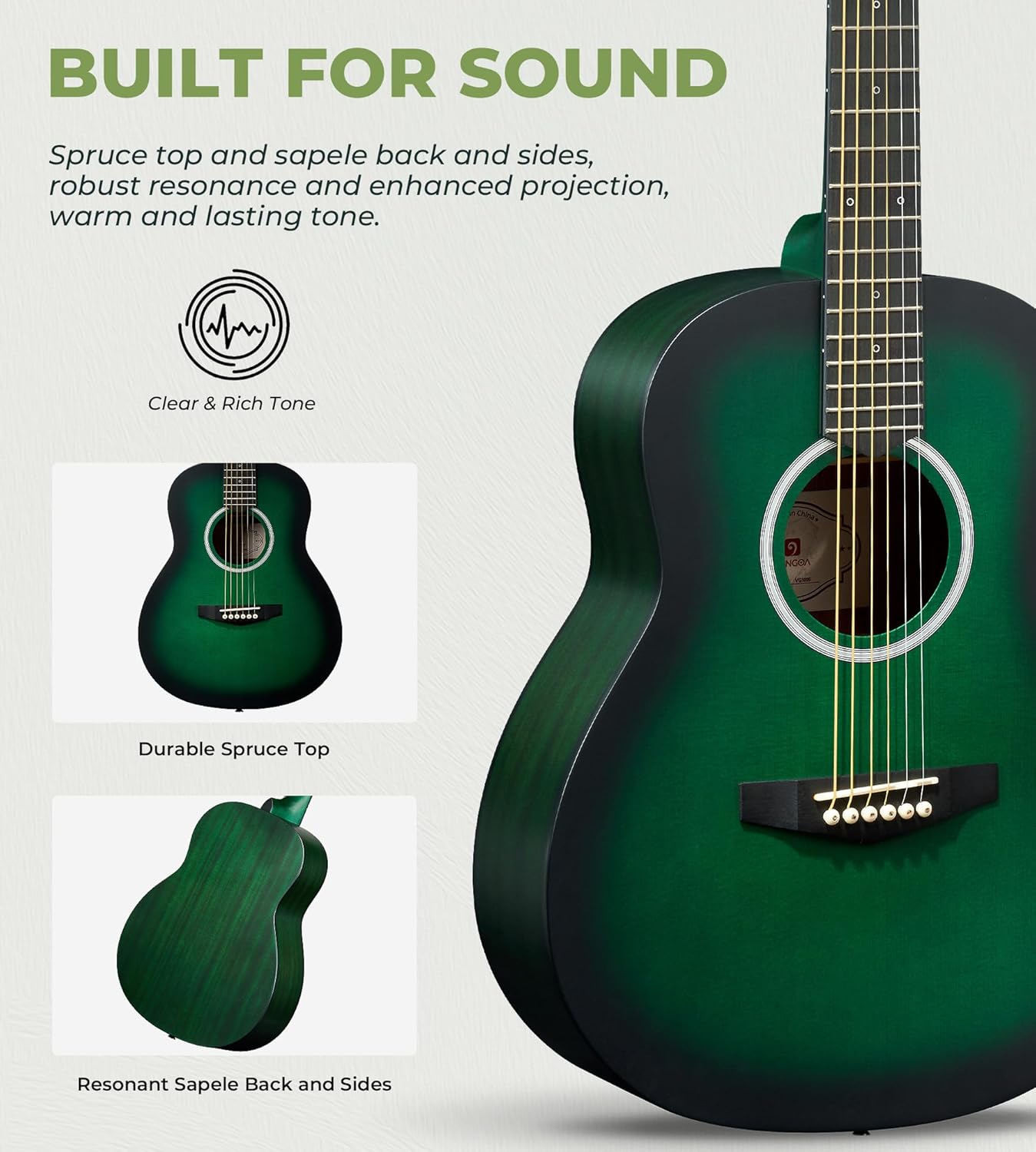 Vangoa 3/4 Acoustic Guitar Green, Learn-to-Play 36" Steel String Acoustic Guitar Set for Beginners Teens Kids Boys 9-12, Bundle with Gig Bag, Tuner, Strap, Picks