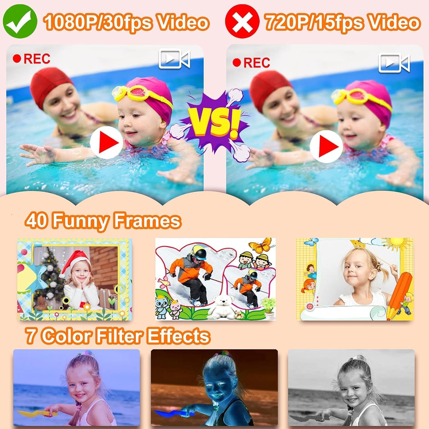 PROGRACE Waterproof Camera for Kids - Christmas Birthday Gifts for 3-12 Year Old Girls 1080P Toddler Digital Cameras Pool Toys for Kids Underwater Video Camera with 32GB SD Card Red