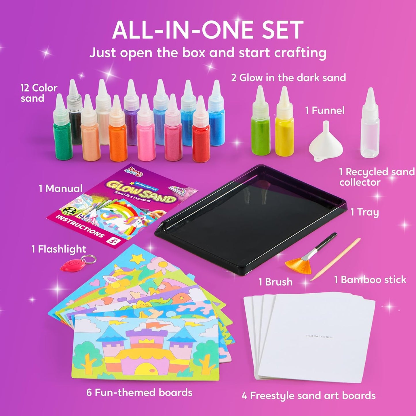 Klever Kits Glow Sand Art Kits for Kids, Glow in The Dark Sand Painting with 14 Colors, Kids Crafts, 6 Fantasy Templates & 4 DIY Sheets, Mess Free Arts and Crafts, Unicorn Gifts for Girls Ages 5+
