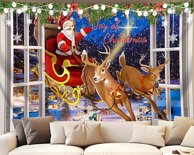 QGHOT Christmas Window Tapestry Wall Hanging Christmas Backdrop Xmas Winter Window Wall Decor Santa Claus Tapestries for Bedroom Living Room Dorm Holiday Party Decoration, Extra Large