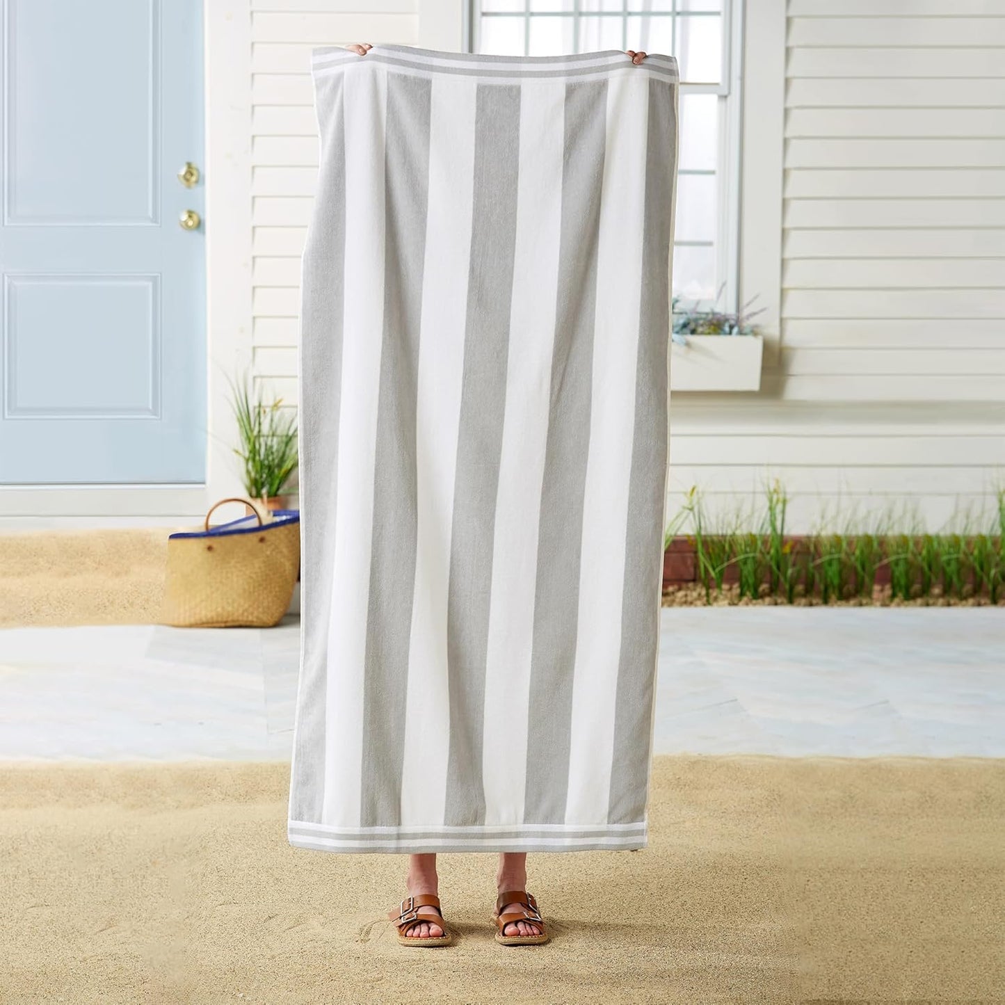 Great Bay Home 100% Cotton Velour 4 Pack Beach Towels 30" x 60" - Grey Cabana Stripe Pool Towels - Quick Dry, Large Swim Towels