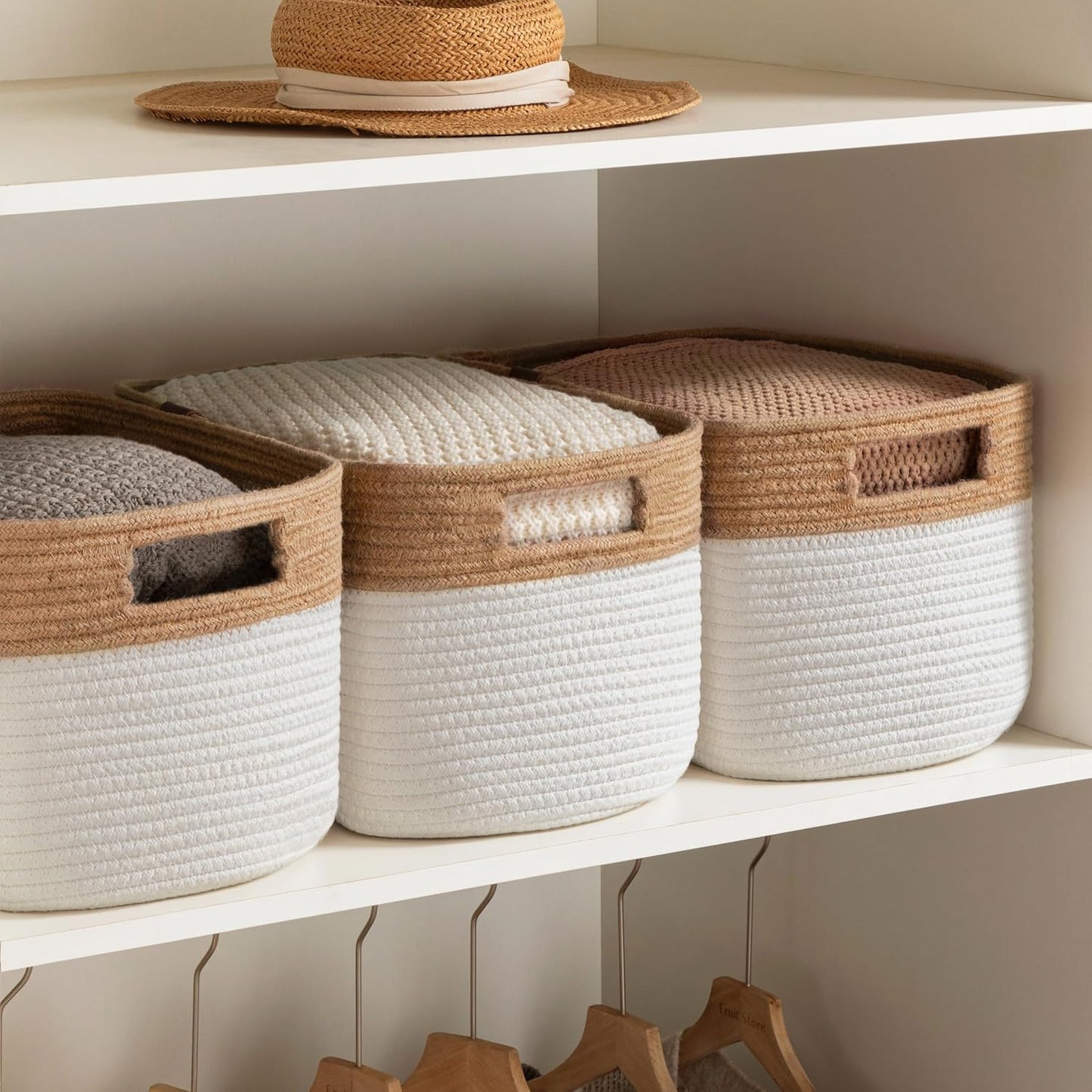 UBBCARE 4 Pack Baskets for Organizing, Woven Storage Baskets with Label for Toys and Towel, Rectangle Cotton Rope Basket with Handles, 15''L x10''W x9''H, Jute&White