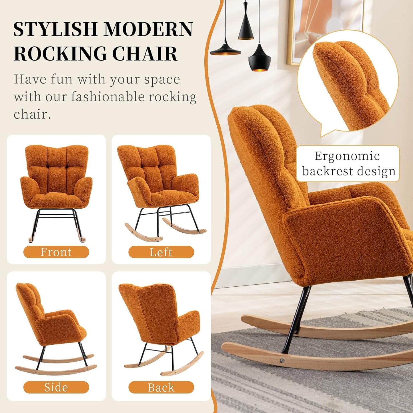 NIOIIKIT Nursery Rocking Chair Teddy Upholstered Glider Rocker Rocking Accent Chair Padded Seat with High Backrest Armchair Comfy Side Chair for Living Room Bedroom Offices (Orange)