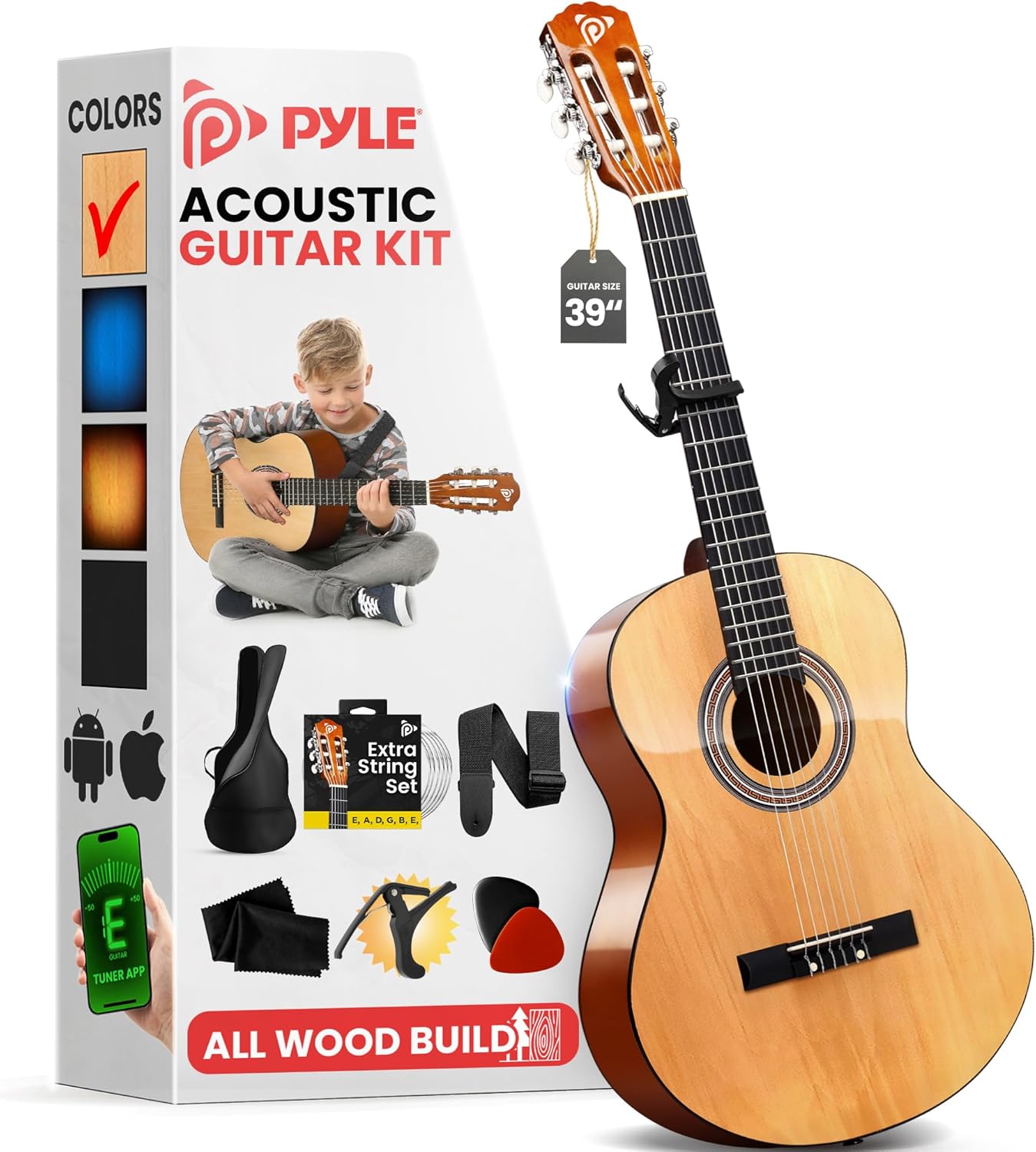 Pyle Beginner Acoustic Guitar Kit, 4/4 Full Size All Wood Build Nylon String Instrument with Capo, Strap, Extra String Set, Gig Bag, Guitars for Beginners Adults Youth, 39" Natural Gloss