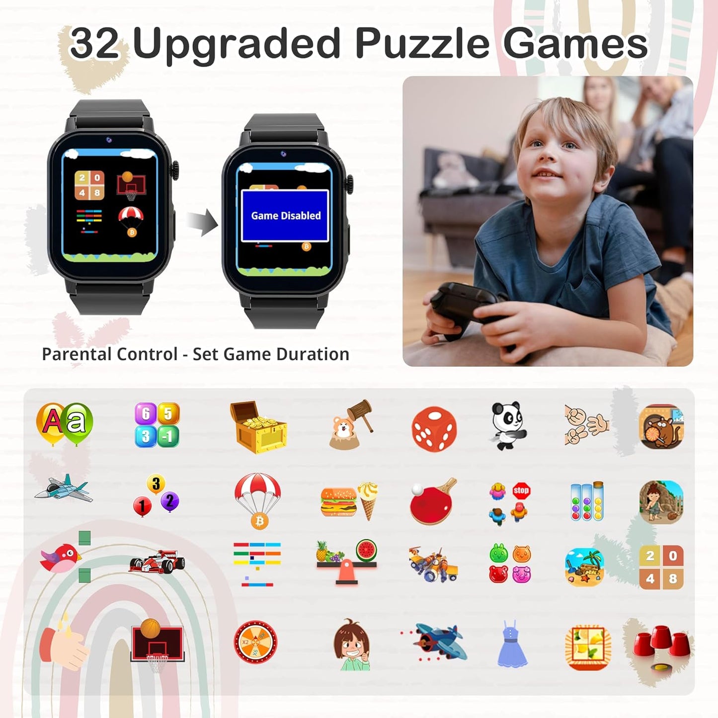 Kids Watch Boys with 32 Games Toys for Ages 5-12 Smart Watch for Kids with HD Touch Screen Video Camera Music Player Pedometer Learn Cards Audiobook, 10 9 8 7 6 5 Year Old Boys Birthday Gifts